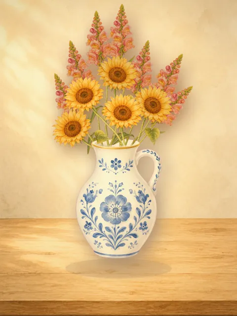 A hand-painted bouquet arranged in Bloomette, resting on a wooden shelf.