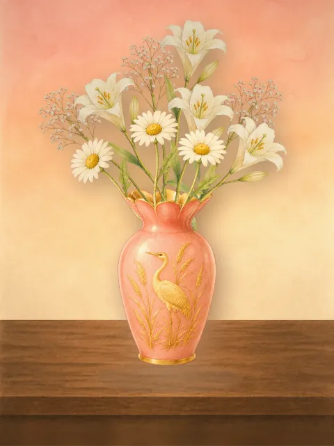 A hand-painted bouquet arranged in Bloomette, resting on a wooden shelf.