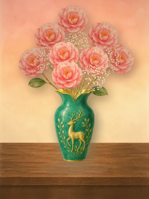 A hand-painted bouquet arranged in Bloomette, resting on a wooden shelf.