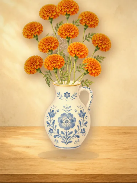 A hand-painted bouquet arranged in Bloomette, resting on a wooden shelf.