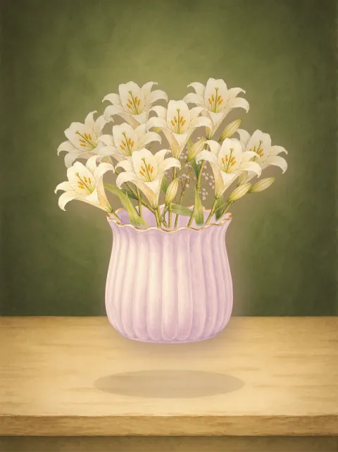 A hand-painted bouquet arranged in Bloomette, resting on a wooden shelf.
