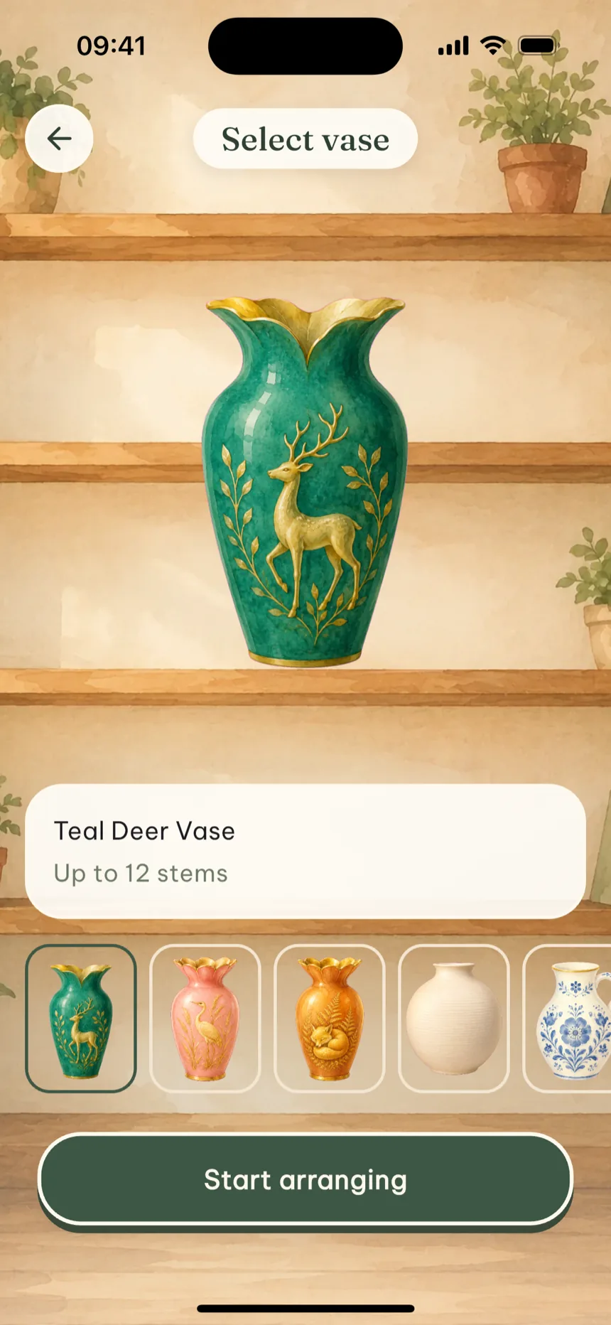 The select vase screen: a teal deer vase with golden petals on a wooden shelf.